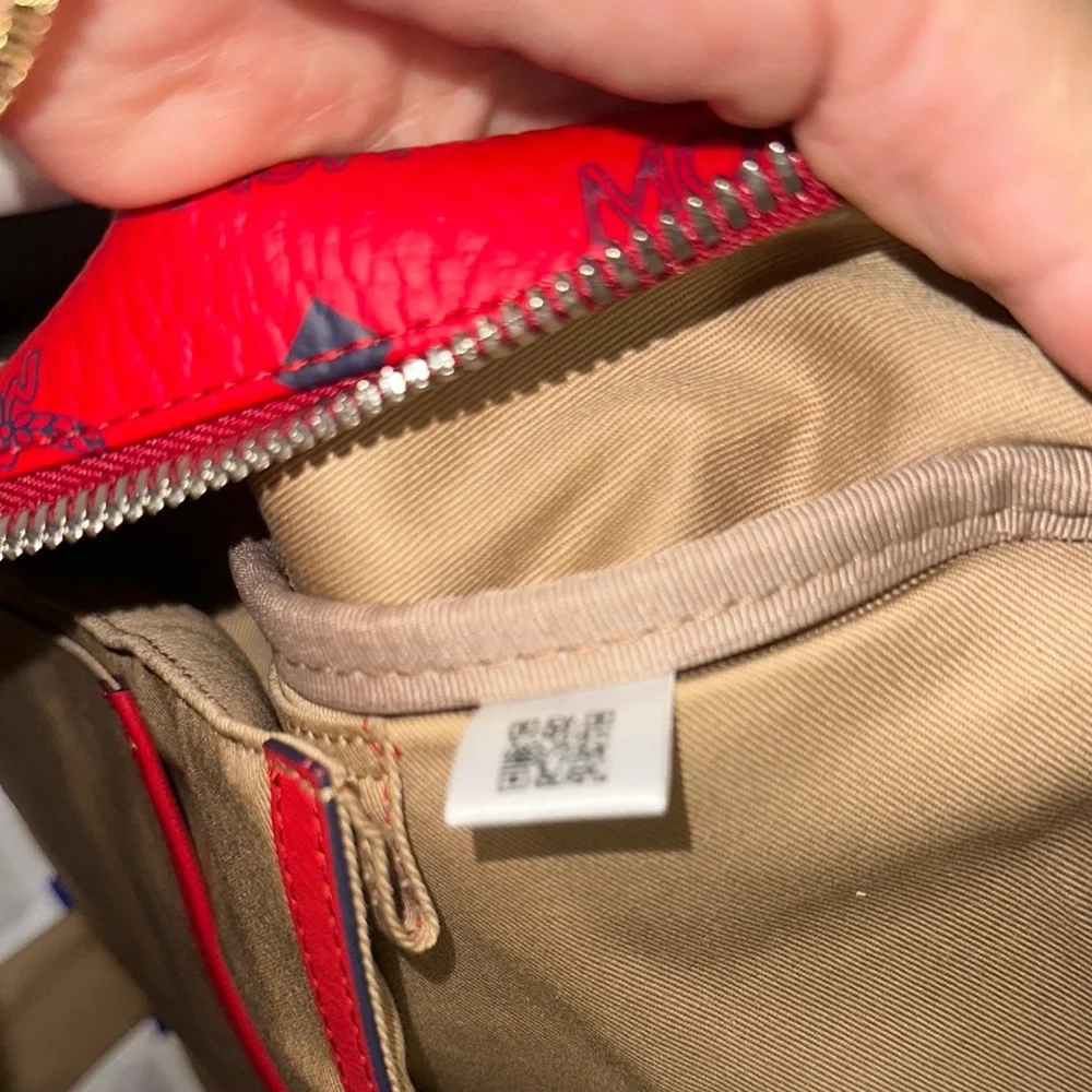 MCM Stark Side Studded Red Visatos Monogram Backpack with Leather Trim - Picture 8 of 16